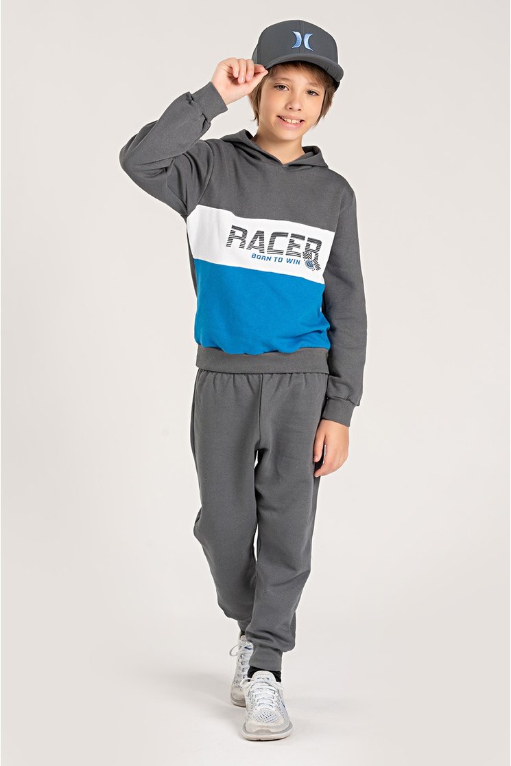 Conjunto Moletom Infantil Menino c/ Capuz Racer Chumbo