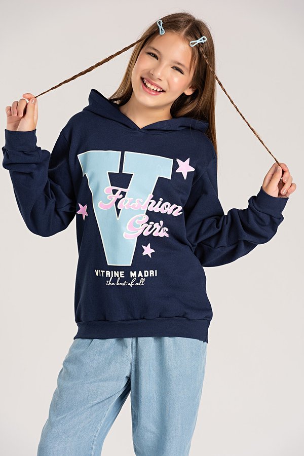 Blusa Moletom Juvenil Menina c/ Capuz Fashion Girls Marinho