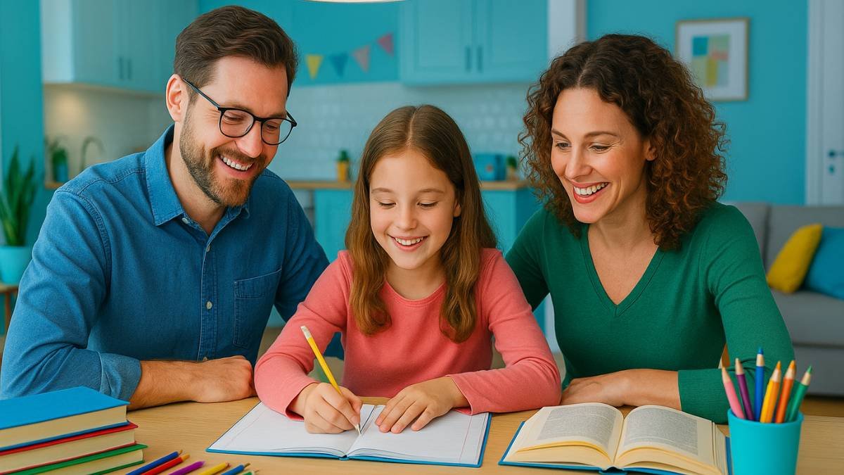 Família apoiando a criança durante a lição de casa