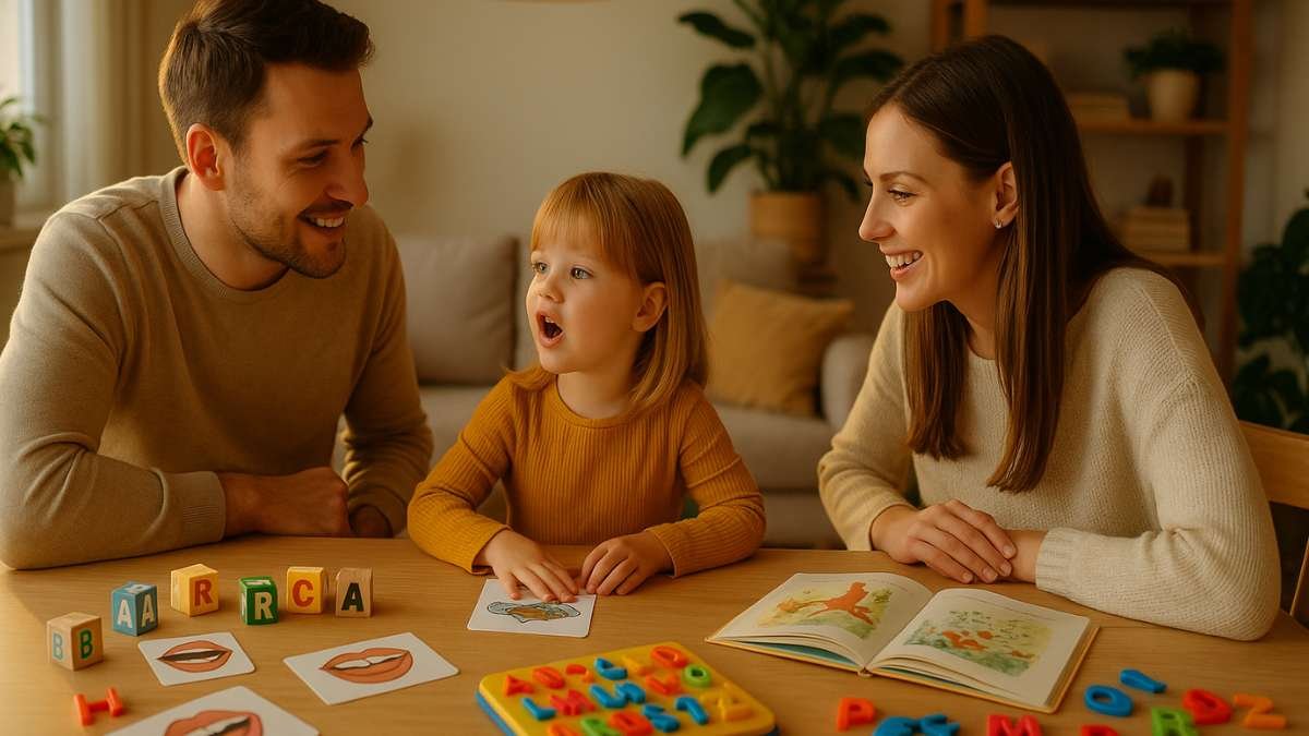 Estímulos de fala em casa – família conversando e brincando com a criança