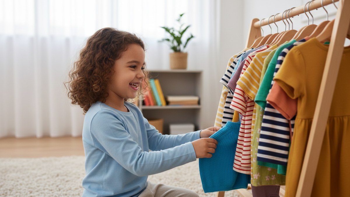 Crian&ccedil;a feliz de aproximadamente 7 anos escolhendo suas pr&oacute;prias roupas coloridas em um cabideiro, expressando sua individualidade e estilo pessoal.