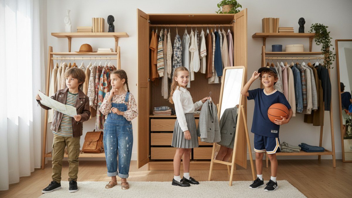 Crian&ccedil;as de diferentes idades e estilos, cada uma expressando sua personalidade &uacute;nica ao interagir com diversas op&ccedil;&otilde;es de roupas em um ambiente convidativo, ilustrando como o vestu&aacute;rio reflete a individualidade.