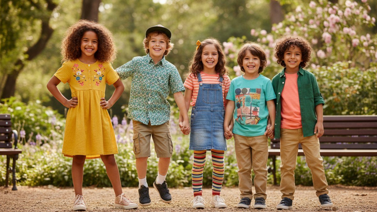 Grupo de crian&ccedil;as de diferentes idades e g&ecirc;neros, sorrindo e mostrando suas roupas coloridas e estilosas em um parque ensolarado, cada uma expressando sua personalidade &uacute;nica atrav&eacute;s do vestu&aacute;rio.