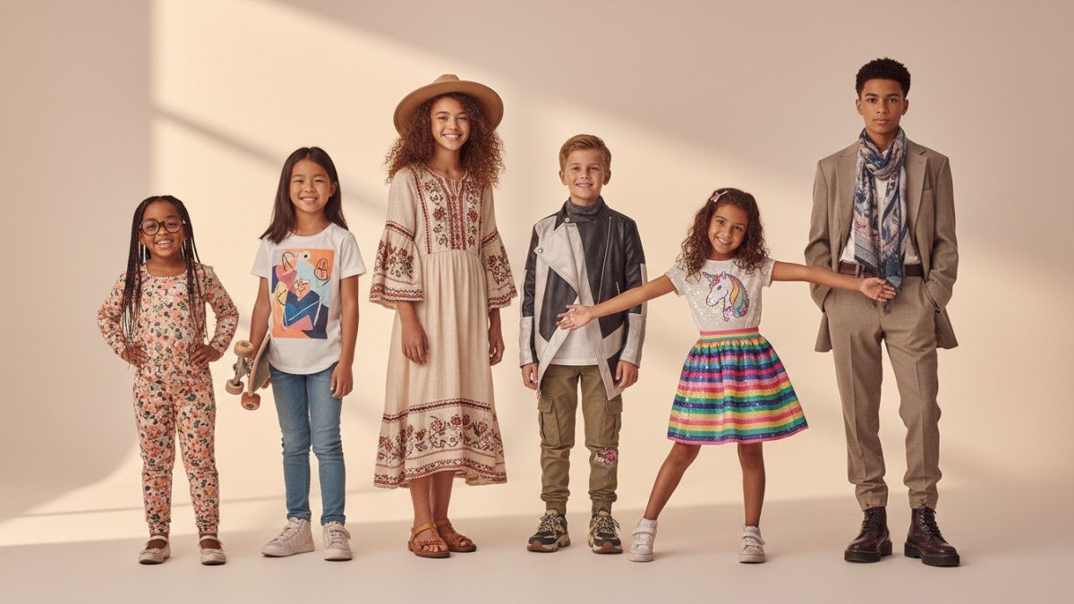 Crian&ccedil;as e adolescentes de diversas idades e etnias sorrindo e exibindo seus estilos pessoais &uacute;nicos, representando a autoexpress&atilde;o e a descoberta da identidade atrav&eacute;s da moda. Eles vestem roupas coloridas e variadas que refletem suas personalidades.