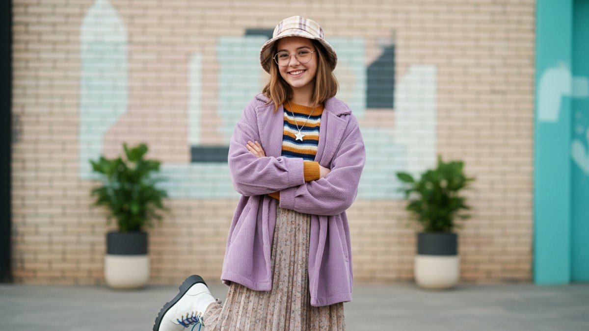 Adolescente expressando sua identidade atrav&eacute;s de um look moderno e aut&ecirc;ntico, destacando a moda como ferramenta de autoexpress&atilde;o e autoconfian&ccedil;a na pr&eacute;-adolesc&ecirc;ncia.