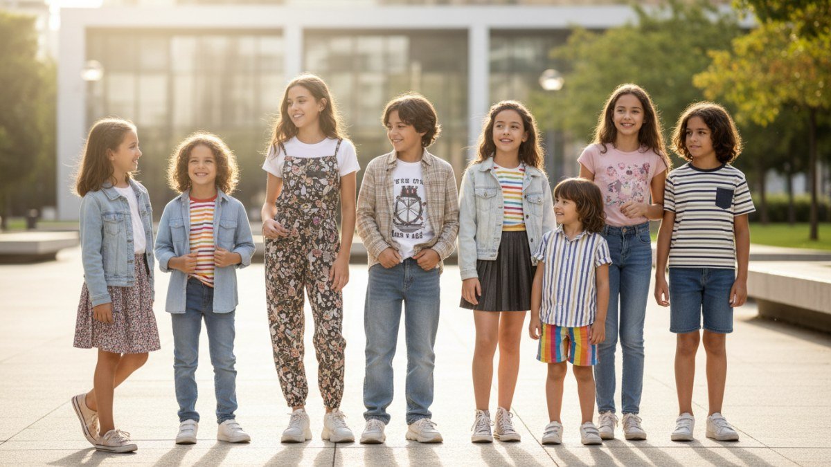 Crian&ccedil;as e adolescentes diversos, sorrindo e confiantes, mostrando seus estilos pessoais &uacute;nicos em um cen&aacute;rio natural, representando a autoexpress&atilde;o atrav&eacute;s da moda.