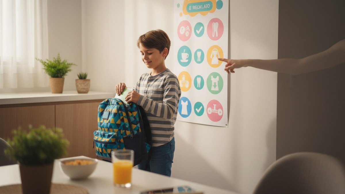 Crian&ccedil;a sorridente e calma organizando a mochila escolar em uma manh&atilde; tranquila, com um checklist visual de tarefas em um mural ao fundo, indicando uma rotina matinal organizada e sem estresse.