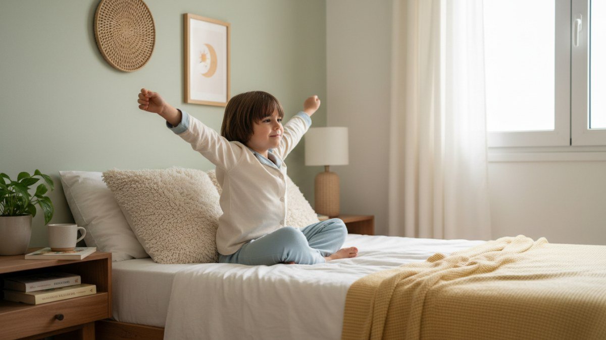 Crian&ccedil;a de idade escolar (aproximadamente 7 anos) despertando em um quarto iluminado pela luz suave da manh&atilde;, transmitindo tranquilidade. Ela est&aacute; sentada na cama com um sorriso leve, em um ambiente aconchegante e organizado. A cena ilustra o conceito de um despertar consciente e o in&iacute;cio da autonomia matinal.