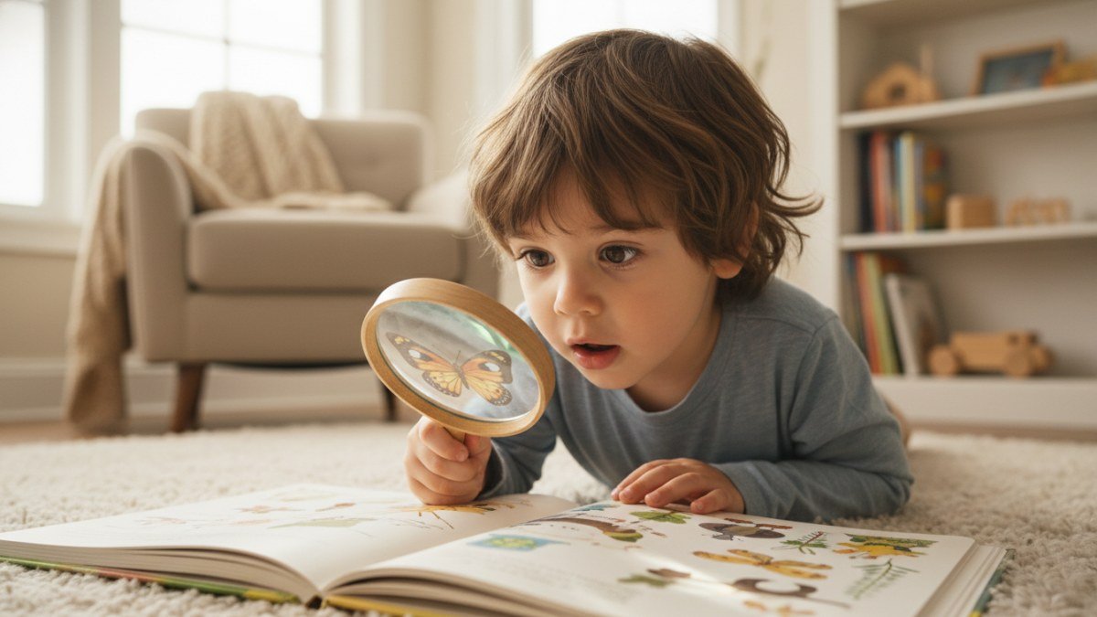 Crian&ccedil;a de 5 anos com olhar curioso explorando um objeto em casa, sentada no ch&atilde;o, em um momento de descoberta e aprendizado.