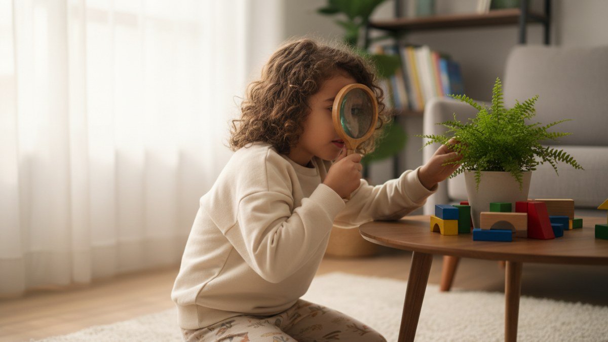Crian&ccedil;a brasileira, entre 5 e 7 anos, agachada no ch&atilde;o de uma sala iluminada por luz natural, com express&atilde;o curiosa e concentrada, explorando ativamente objetos cotidianos que estimulam o aprendizado em casa. Ela veste roupas confort&aacute;veis e estilosas.
