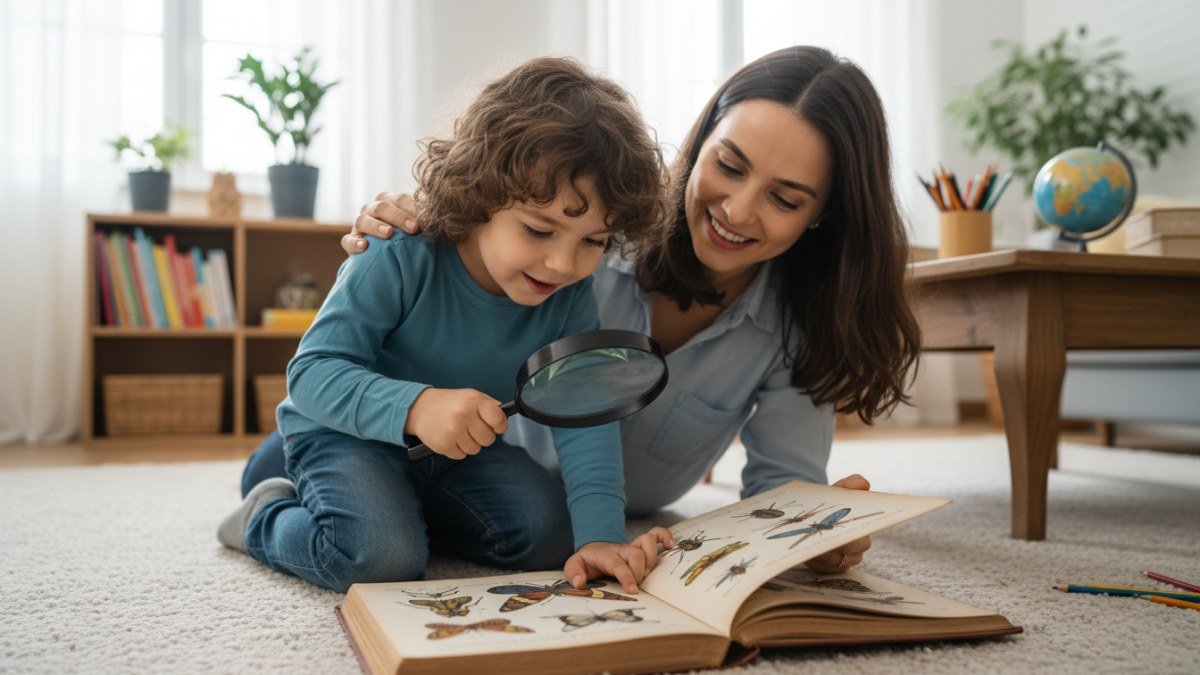 M&atilde;e e filho explorando juntos um livro ou objeto com uma lupa, em um ambiente dom&eacute;stico aconchegante. A crian&ccedil;a tem uma express&atilde;o de curiosidade e admira&ccedil;&atilde;o, enquanto a m&atilde;e sorri, incentivando a descoberta.