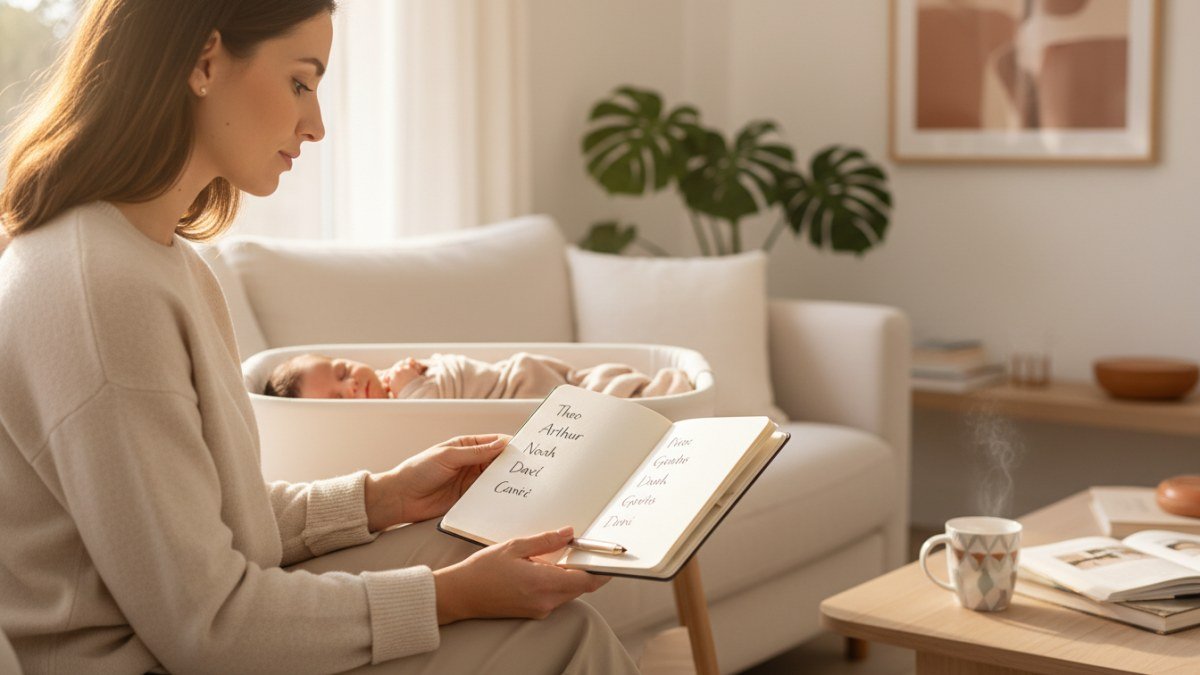 M&atilde;e com express&atilde;o pensativa e serena, segurando um caderno aberto com anota&ccedil;&otilde;es de nomes de meninos, enquanto reflete sobre a escolha para seu filho. A cena transmite carinho e a emo&ccedil;&atilde;o da decis&atilde;o em um ambiente acolhedor.