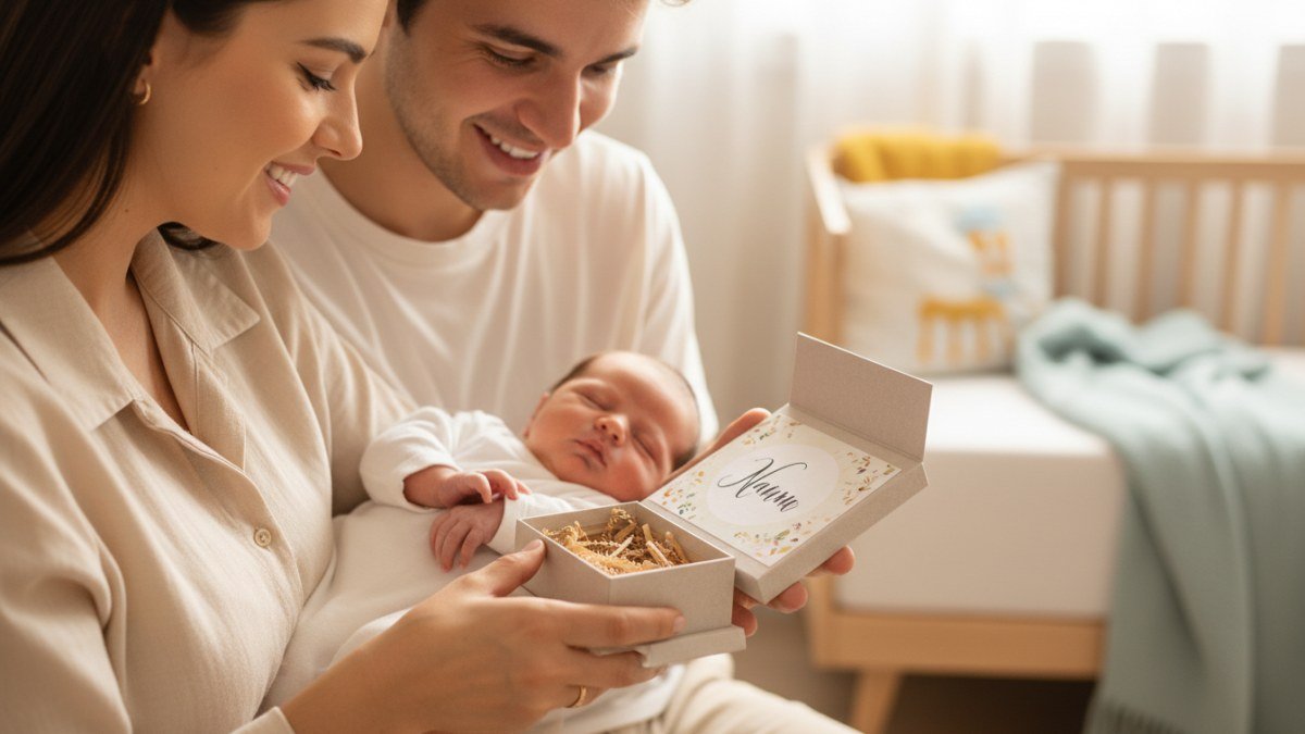 Pais emocionados segurando seu beb&ecirc;, olhando para um cart&atilde;o com o nome &uacute;nico escolhido, simbolizando o amor e a identidade.