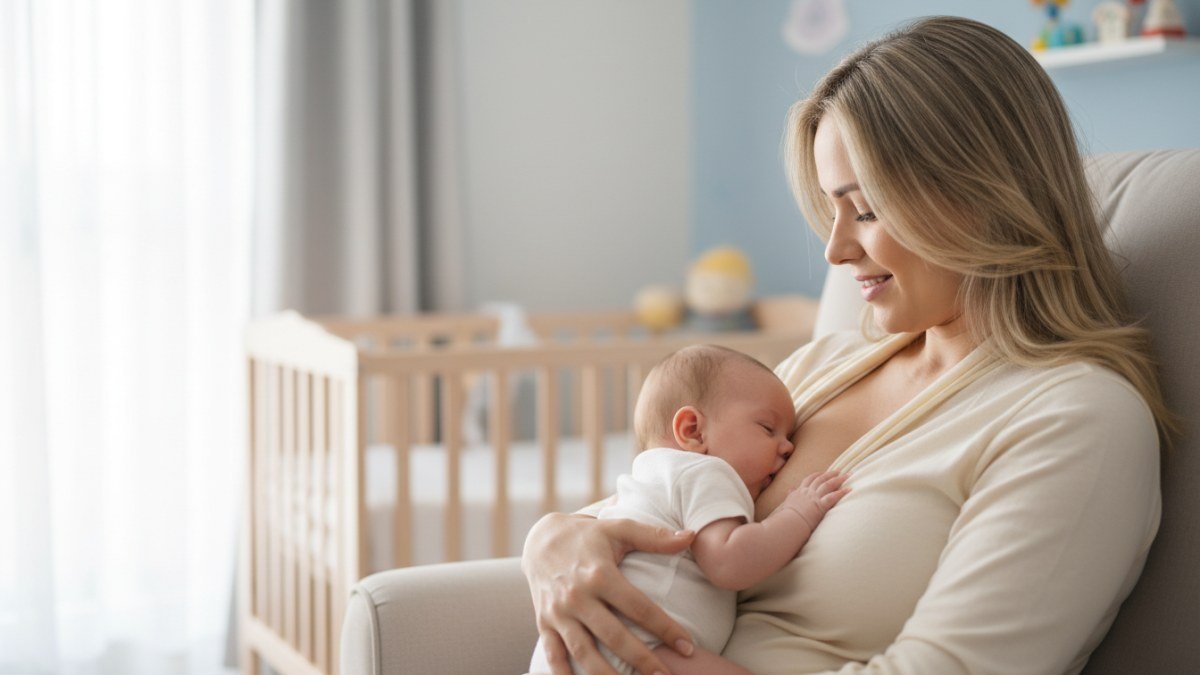 Imagem serena de uma m&atilde;e amamentando um beb&ecirc;, com luz suave e natural, focando na conex&atilde;o e afeto entre eles, simbolizando os significados profundos dos sonhos de amamenta&ccedil;&atilde;o.