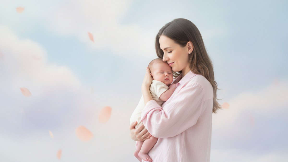 M&atilde;e e beb&ecirc; em um abra&ccedil;o gentil e sereno, com luz suave e fundo on&iacute;rico, simbolizando o v&iacute;nculo, a nutri&ccedil;&atilde;o emocional e a reflex&atilde;o sobre os sonhos de amamenta&ccedil;&atilde;o.