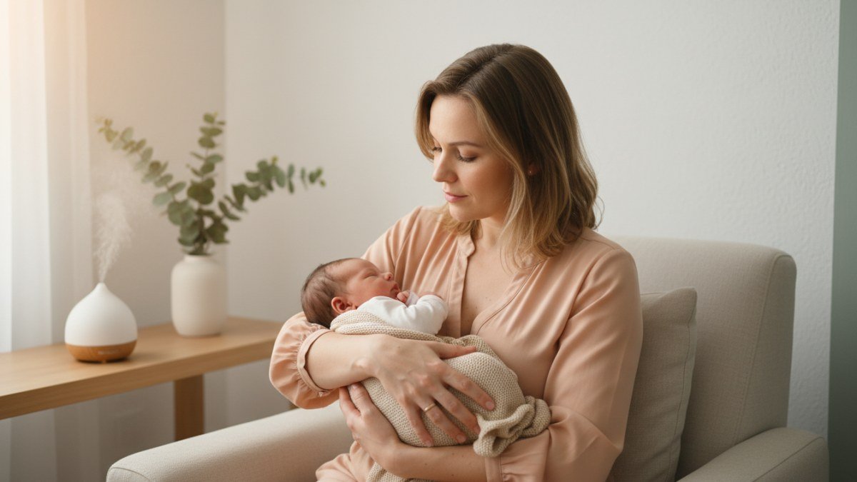 M&atilde;e e beb&ecirc; em um abra&ccedil;o terno e sereno, com luz suave, simbolizando a conex&atilde;o profunda e a reflex&atilde;o sobre o subconsciente e o v&iacute;nculo familiar.