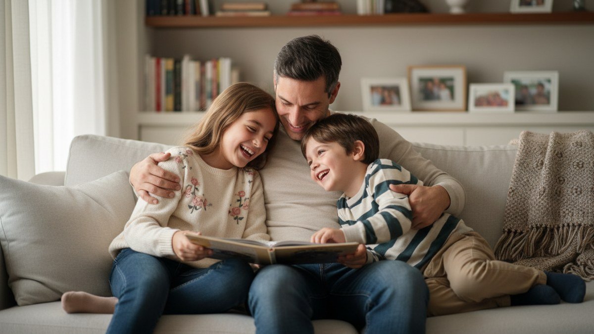 Pai e seus dois filhos, uma menina e um menino, sorrindo e abra&ccedil;ando-se em um sof&aacute;, celebrando a conex&atilde;o familiar e a alegria de um Dia dos Pais aut&ecirc;ntico, focado no afeto e na presen&ccedil;a.