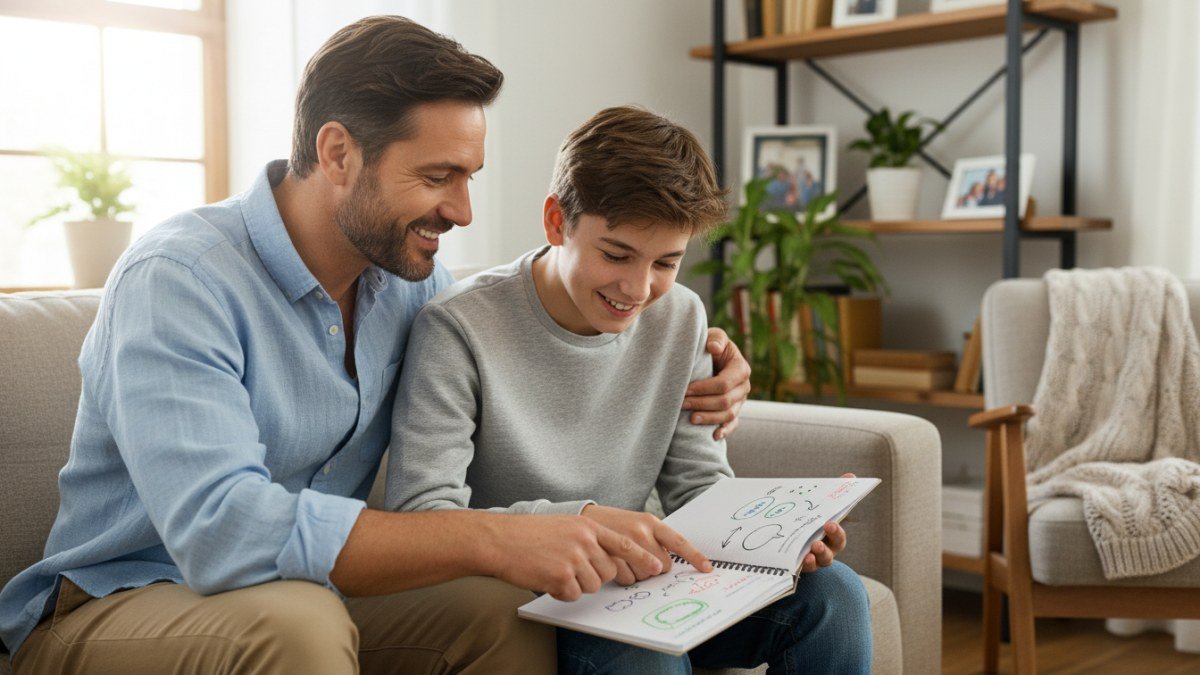 Pai e filho sentados juntos em um ambiente acolhedor, planejando em um caderno com sorrisos e intera&ccedil;&atilde;o carinhosa, simbolizando um Dia dos Pais planejado com consci&ecirc;ncia e afeto, longe do estresse.