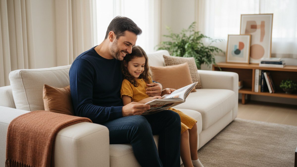 Pai e filho/filha abra&ccedil;ados e sorrindo em um sof&aacute;, simbolizando a import&acirc;ncia da conex&atilde;o e do afeto nos momentos do Dia dos Pais.