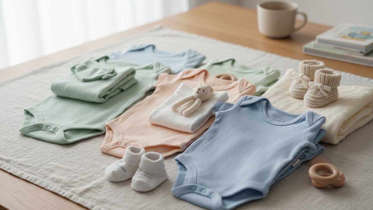 Itens de enxoval de beb&ecirc; em tons pastel, como bodies, macac&otilde;es e sapatinhos, dispostos de forma organizada, simbolizando a prepara&ccedil;&atilde;o para a chegada do rec&eacute;m-nascido.
