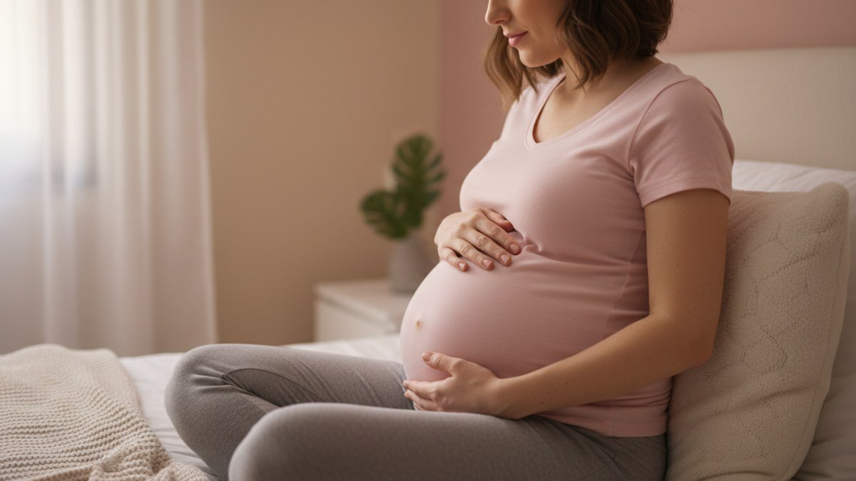 M&atilde;os de uma futura m&atilde;e em sua barriga gr&aacute;vida, expressando conex&atilde;o e a doce espera pelos movimentos do beb&ecirc;.