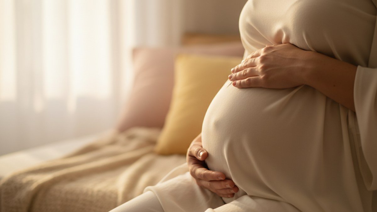 M&atilde;os de uma mulher gr&aacute;vida no segundo trimestre, com uma express&atilde;o serena e conectada, sentindo os primeiros movimentos do beb&ecirc; em sua barriga.