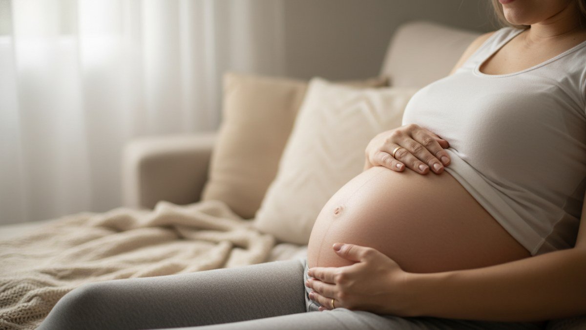 M&atilde;os de uma mulher gr&aacute;vida repousando com carinho sobre sua barriga, em um gesto de conex&atilde;o e di&aacute;logo silencioso com o beb&ecirc;, simbolizando a jornada &uacute;nica da maternidade e a expectativa pelos movimentos fetais.