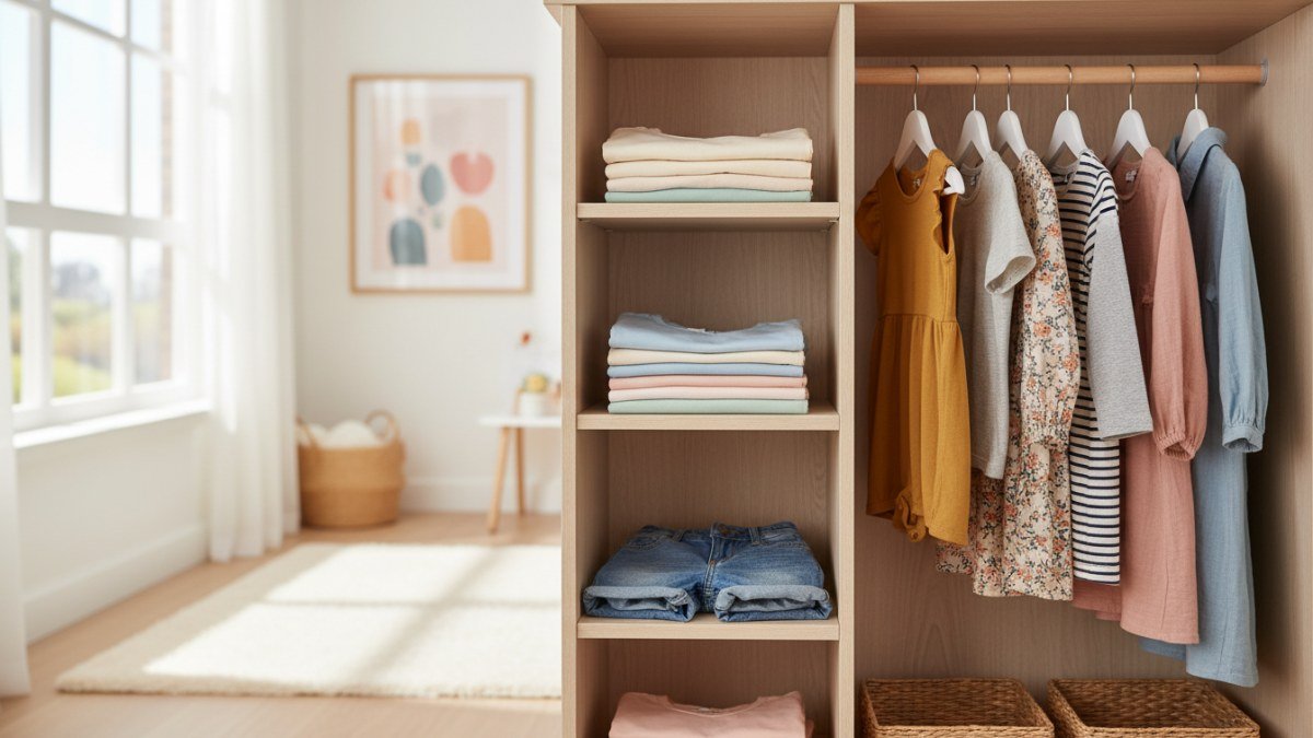 Guarda-roupa infantil funcional e organizado com roupas essenciais e vers&aacute;teis em tons neutros, indicando praticidade e durabilidade para o dia a dia das crian&ccedil;as e adolescentes.