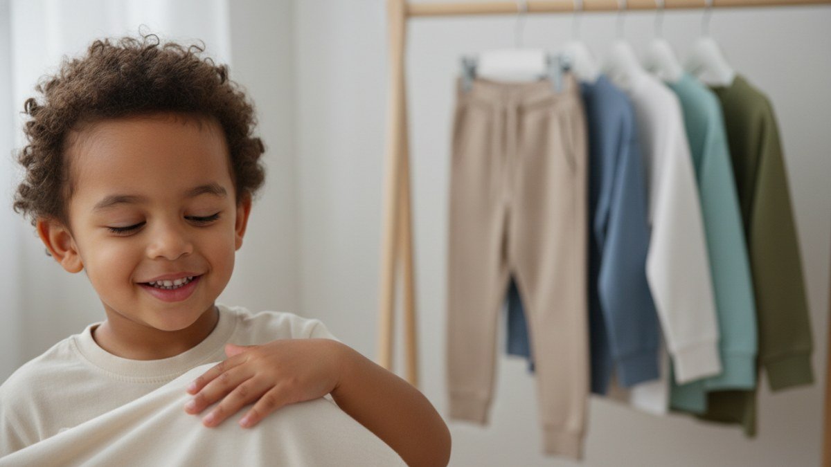 Crian&ccedil;a sorrindo enquanto toca uma camiseta de algod&atilde;o macio, simbolizando a import&acirc;ncia de escolher tecidos de qualidade e confort&aacute;veis para o guarda-roupa infantil.