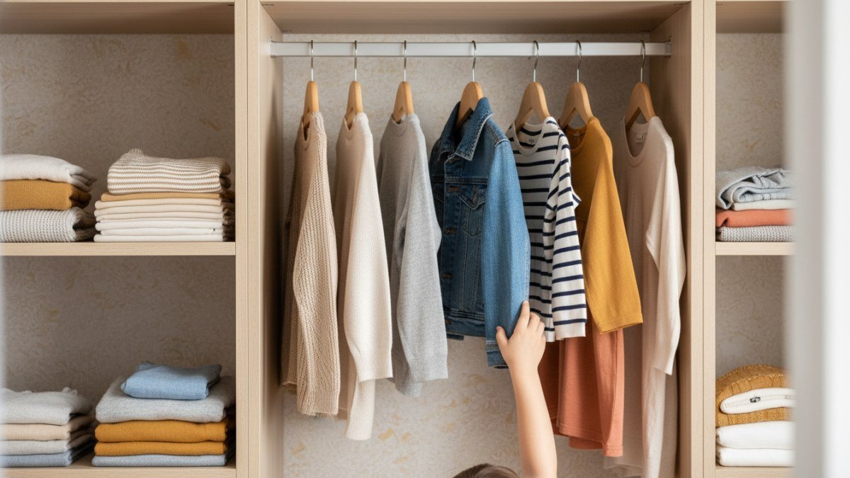 Guarda-roupa infantil funcional e organizado, com pe&ccedil;as vers&aacute;teis e essenciais dispostas de forma acess&iacute;vel, promovendo a autonomia da crian&ccedil;a na escolha das roupas.