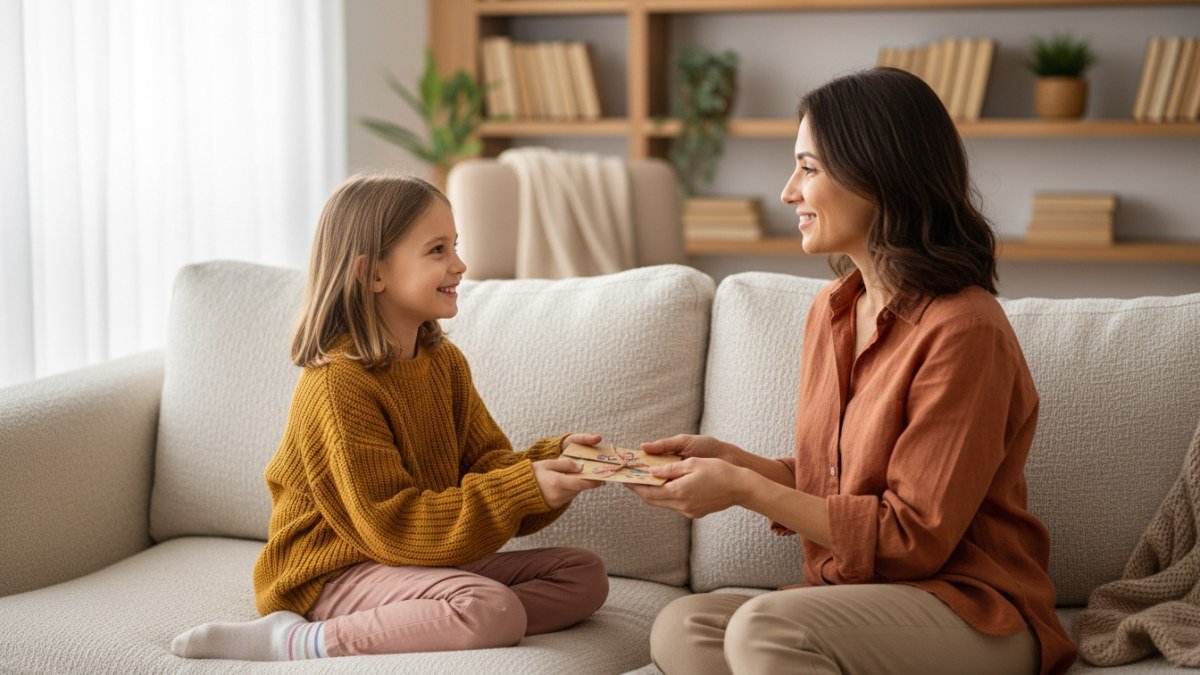 M&atilde;e e filha sorrindo enquanto a crian&ccedil;a entrega um presente simples e afetuoso de Dia das M&atilde;es. A cena transmite carinho e a import&acirc;ncia da conex&atilde;o familiar.