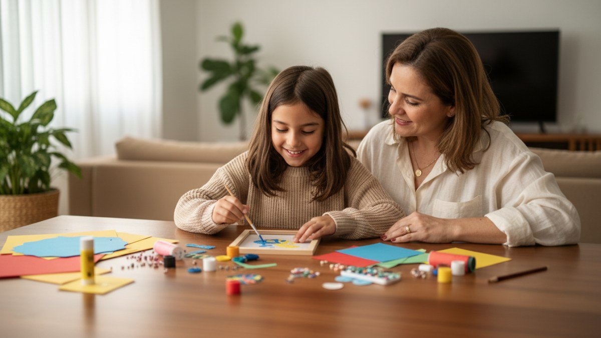 Crian&ccedil;a em idade escolar sorrindo enquanto cria um presente artesanal para o Dia das M&atilde;es, com a supervis&atilde;o carinhosa de uma adulta, em um ambiente familiar. A imagem representa o envolvimento significativo dos filhos na celebra&ccedil;&atilde;o.