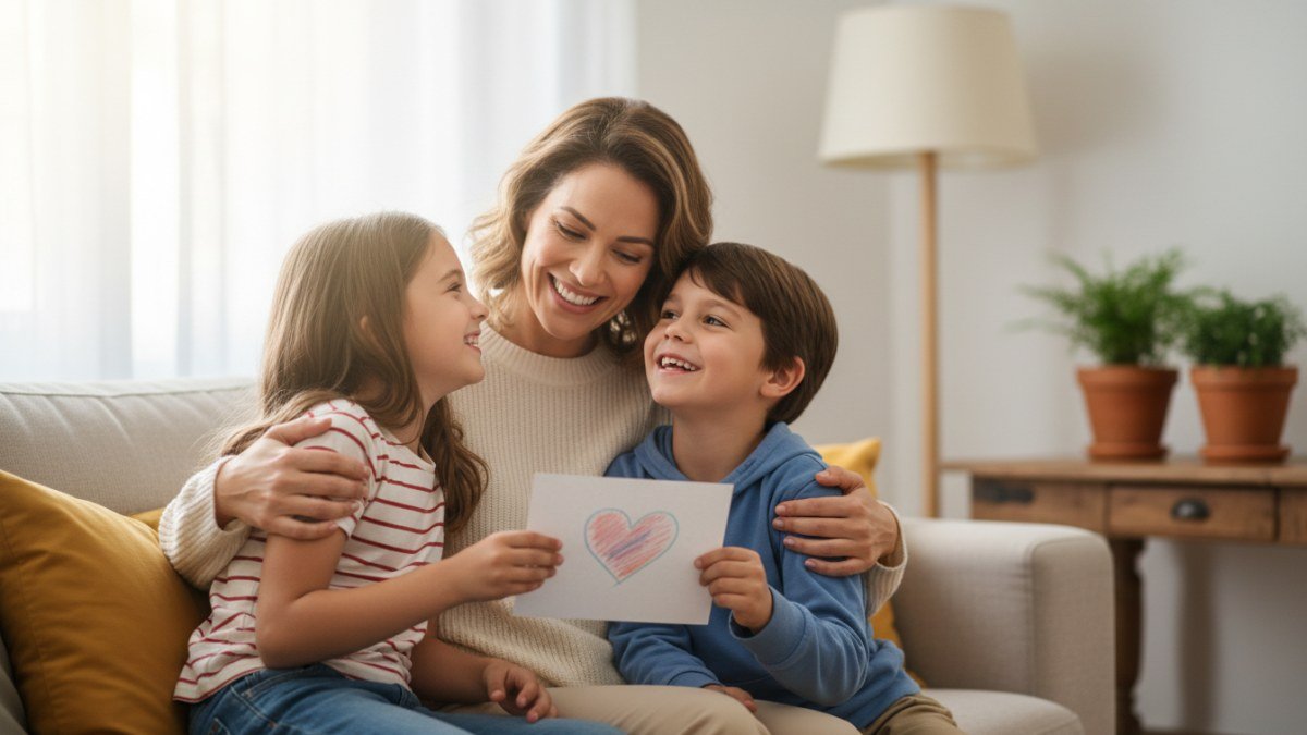 M&atilde;e e filhos abra&ccedil;ados com carinho, em um momento de gratid&atilde;o e afeto, simbolizando o amor e a conex&atilde;o familiar celebrados no Dia das M&atilde;es com a participa&ccedil;&atilde;o das crian&ccedil;as.