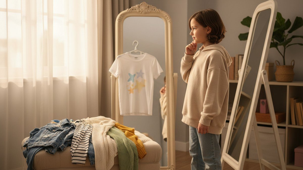 Crian&ccedil;a em fase de transi&ccedil;&atilde;o para a adolesc&ecirc;ncia observando op&ccedil;&otilde;es de roupas em um guarda-roupa, com pe&ccedil;as que representam o crescimento e a busca por identidade no vestu&aacute;rio. A imagem transmite a fase de mudan&ccedil;a na moda infanto juvenil.