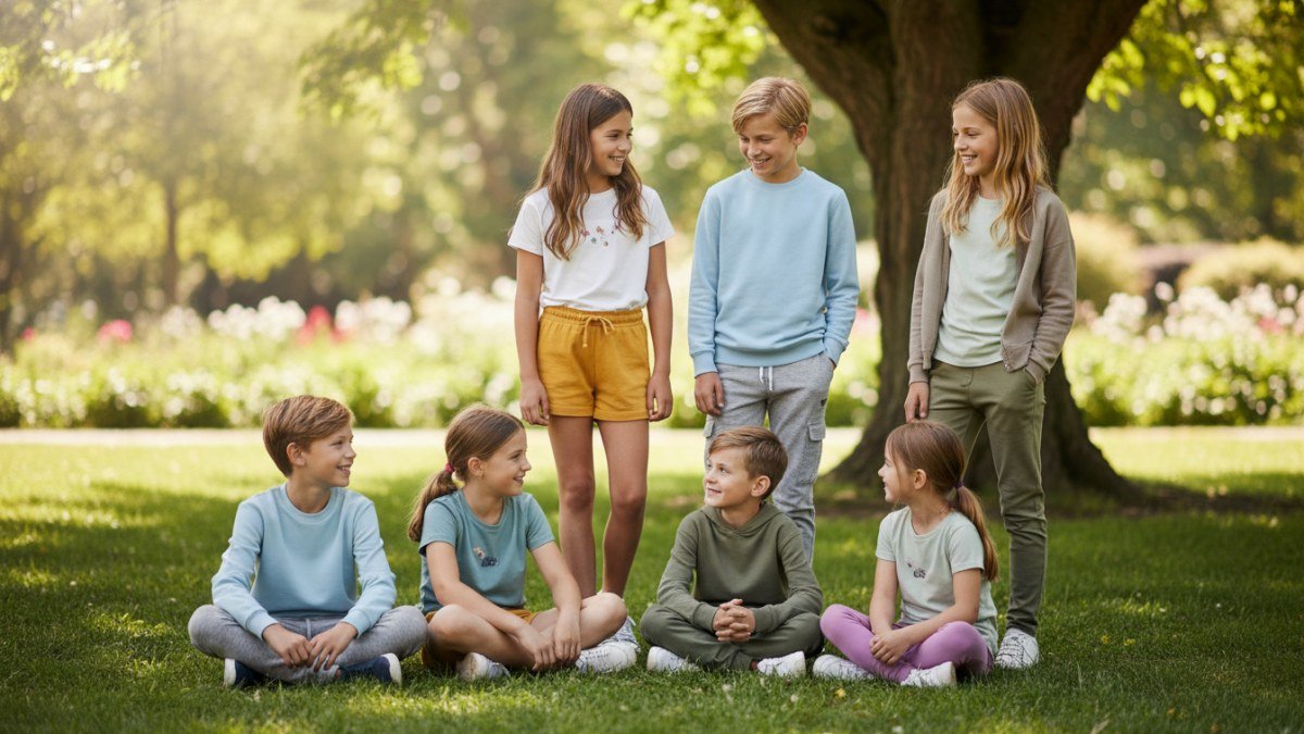 Crian&ccedil;as e pr&eacute;-adolescentes sorrindo e brincando livremente em um ambiente ao ar livre, vestindo roupas confort&aacute;veis e vers&aacute;teis que permitem movimento, como camisetas de algod&atilde;o, cal&ccedil;as jogger e moletons. A imagem ilustra a import&acirc;ncia do conforto e da liberdade na moda infanto juvenil, respeitando o corpo e a mente dos jovens.