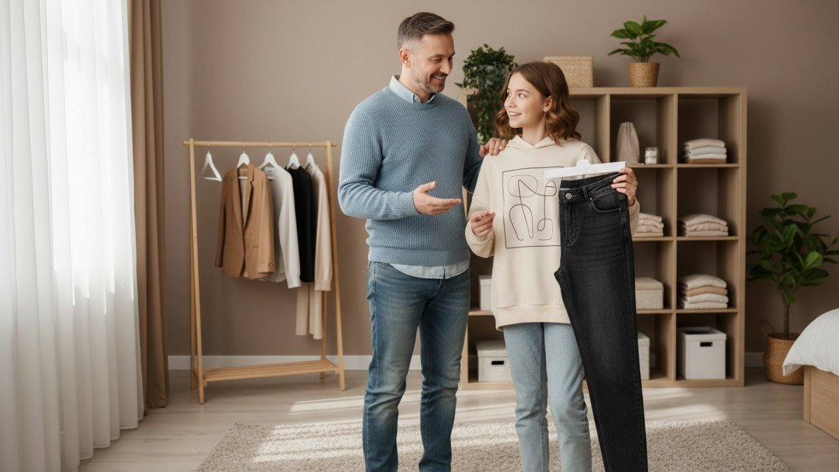 Pai/m&atilde;e e filho(a) pr&eacute;-adolescente ou adolescente sorrindo e conversando enquanto escolhem roupas, representando o apoio familiar na constru&ccedil;&atilde;o da identidade e estilo pessoal na fase infanto juvenil.
