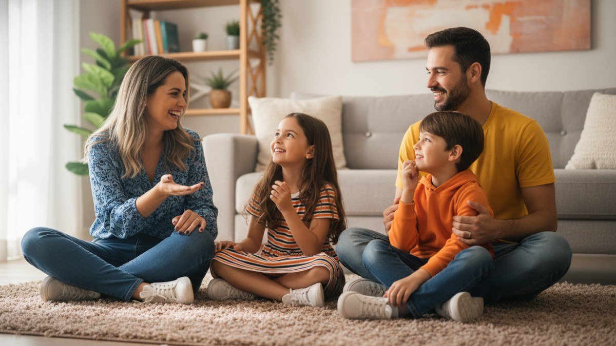 Fam&iacute;lia reunida na sala de estar, pais e filhos sorrindo e brincando de charadas, com as crian&ccedil;as concentradas em adivinhar a resposta.