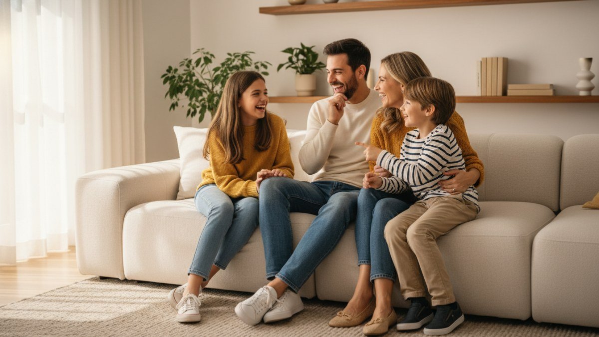 Fam&iacute;lia feliz, composta por pai, m&atilde;e e dois filhos (uma crian&ccedil;a e um pr&eacute;-adolescente), brincando de charadas 'O que &eacute;, o que &eacute;?' em um ambiente acolhedor, rindo e interagindo. A imagem ilustra a conex&atilde;o familiar e a divers&atilde;o em grupo.