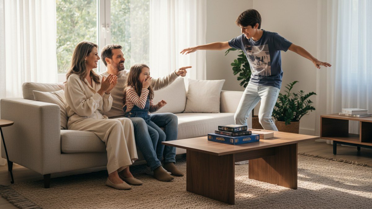 Fam&iacute;lia sorridente, com pais e filhos de idades variadas, reunida em casa brincando de charadas 'O que &eacute;, o que &eacute;?', simbolizando a uni&atilde;o familiar e o desenvolvimento l&uacute;dico.