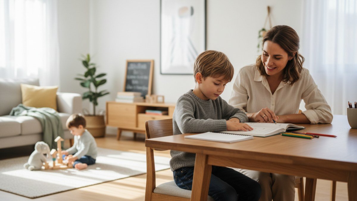 M&atilde;e e filho em um ambiente dom&eacute;stico tranquilo e organizado, com o filho concentrado na li&ccedil;&atilde;o de casa e a m&atilde;e presente, simbolizando uma rotina p&oacute;s-escola equilibrada e de conex&atilde;o familiar.