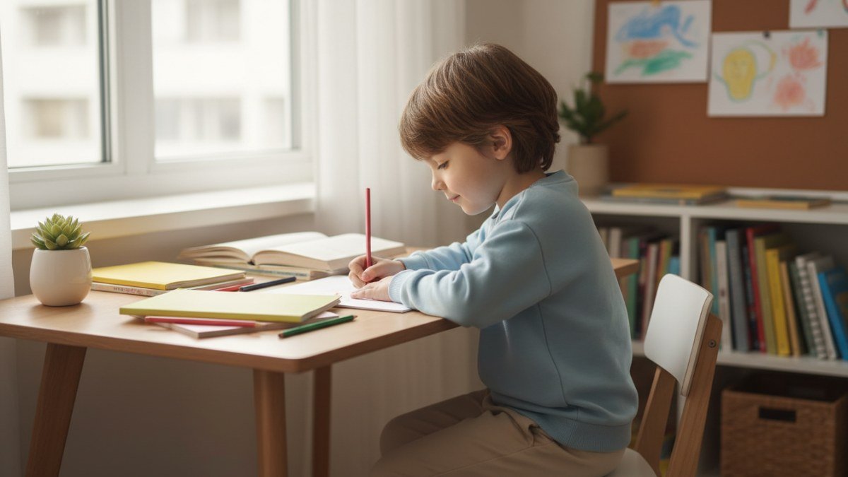 Crian&ccedil;a concentrada em seu cantinho de estudo organizado, com materiais escolares e decora&ccedil;&atilde;o acolhedora, simbolizando uma rotina p&oacute;s-escola produtiva e tranquila.