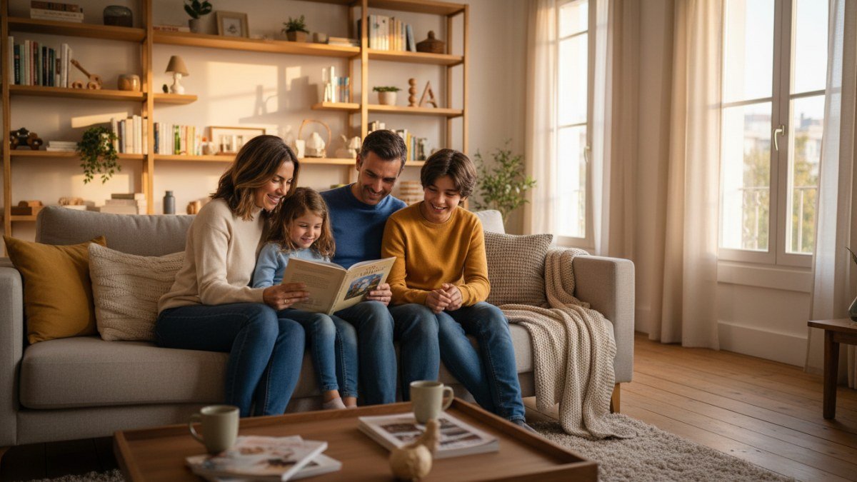 Fam&iacute;lia com pais e filhos (crian&ccedil;a e pr&eacute;-adolescente) em um sof&aacute; em ambiente dom&eacute;stico organizado, conversando e sorrindo, transmitindo a sensa&ccedil;&atilde;o de uma rotina p&oacute;s-escola tranquila e momentos de conex&atilde;o familiar.