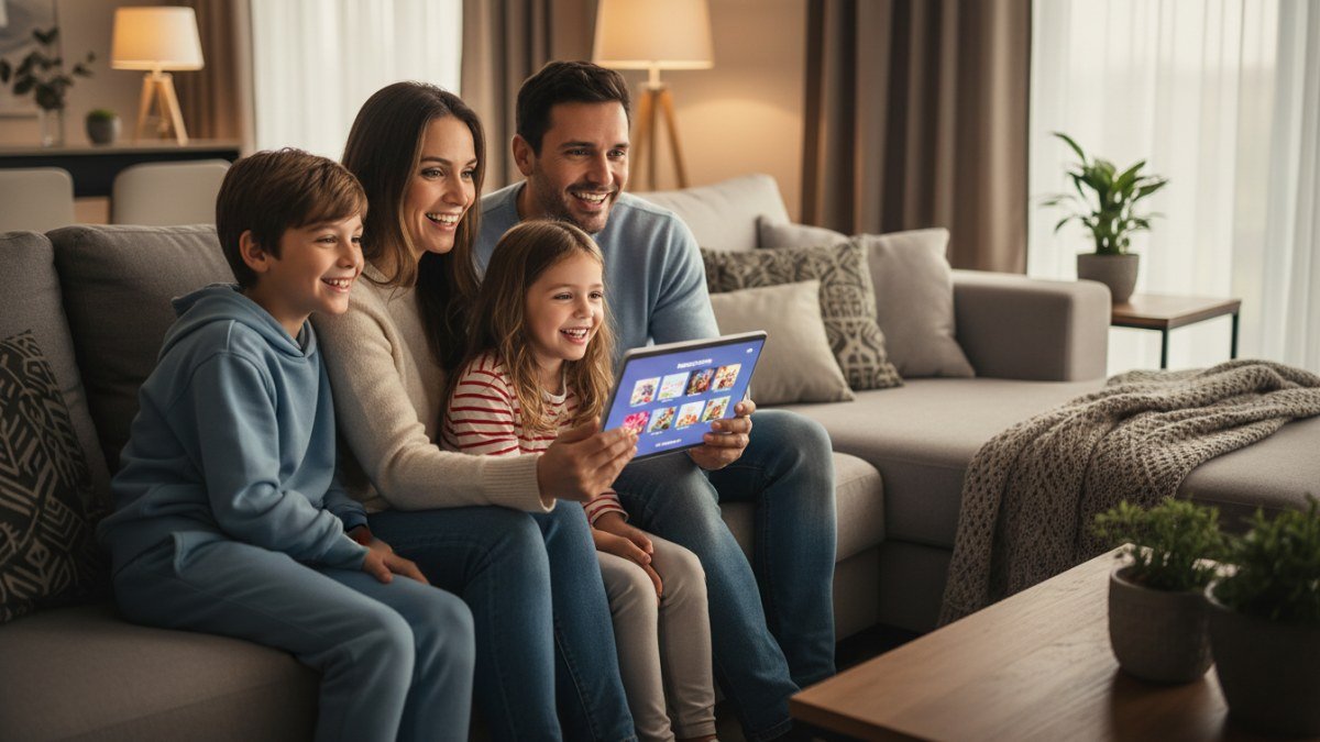 Fam&iacute;lia feliz (pais e duas crian&ccedil;as) no sof&aacute;, usando um tablet para escolher filmes do Disney+ de diferentes categorias para uma sess&atilde;o de cinema em casa.