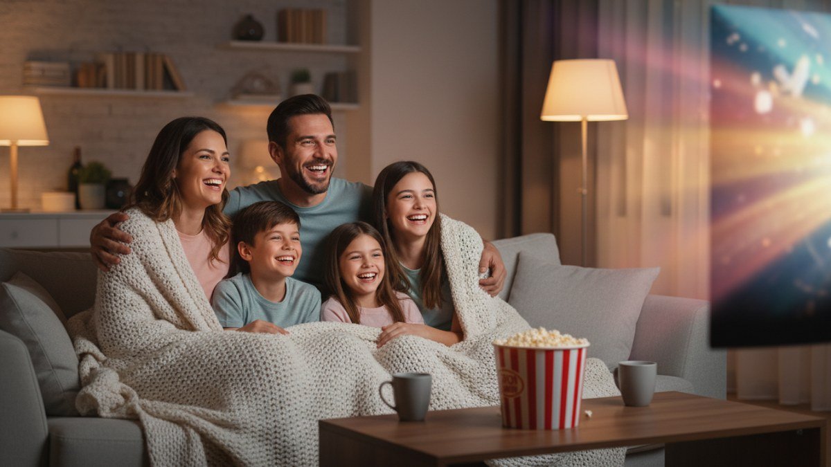 Fam&iacute;lia feliz e aconchegada no sof&aacute;, assistindo a um filme de anima&ccedil;&atilde;o na TV e desfrutando de uma noite de cinema em casa.