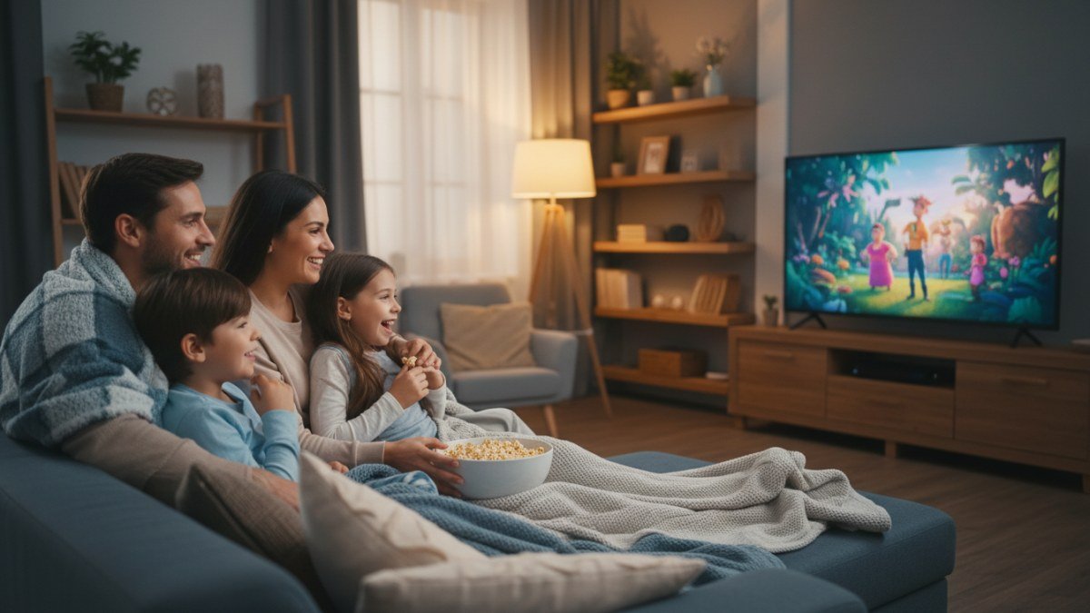 Fam&iacute;lia aconchegante no sof&aacute; assistindo a um filme no Disney+ com pipoca, celebrando momentos de lazer e uni&atilde;o familiar.