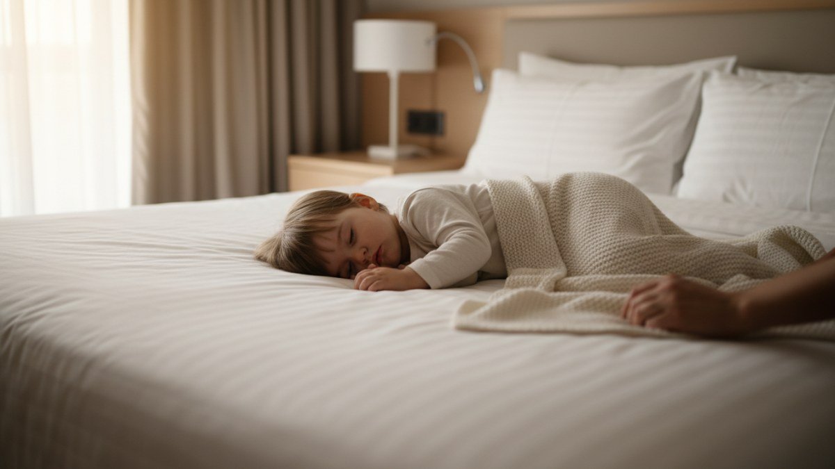 Crian&ccedil;a pequena dormindo tranquilamente em um quarto de hotel ou casa de temporada, em um ber&ccedil;o port&aacute;til ou cama confort&aacute;vel. Um adulto a observa com carinho ao fundo. A imagem transmite paz, seguran&ccedil;a e a import&acirc;ncia do sono reparador em viagens.
