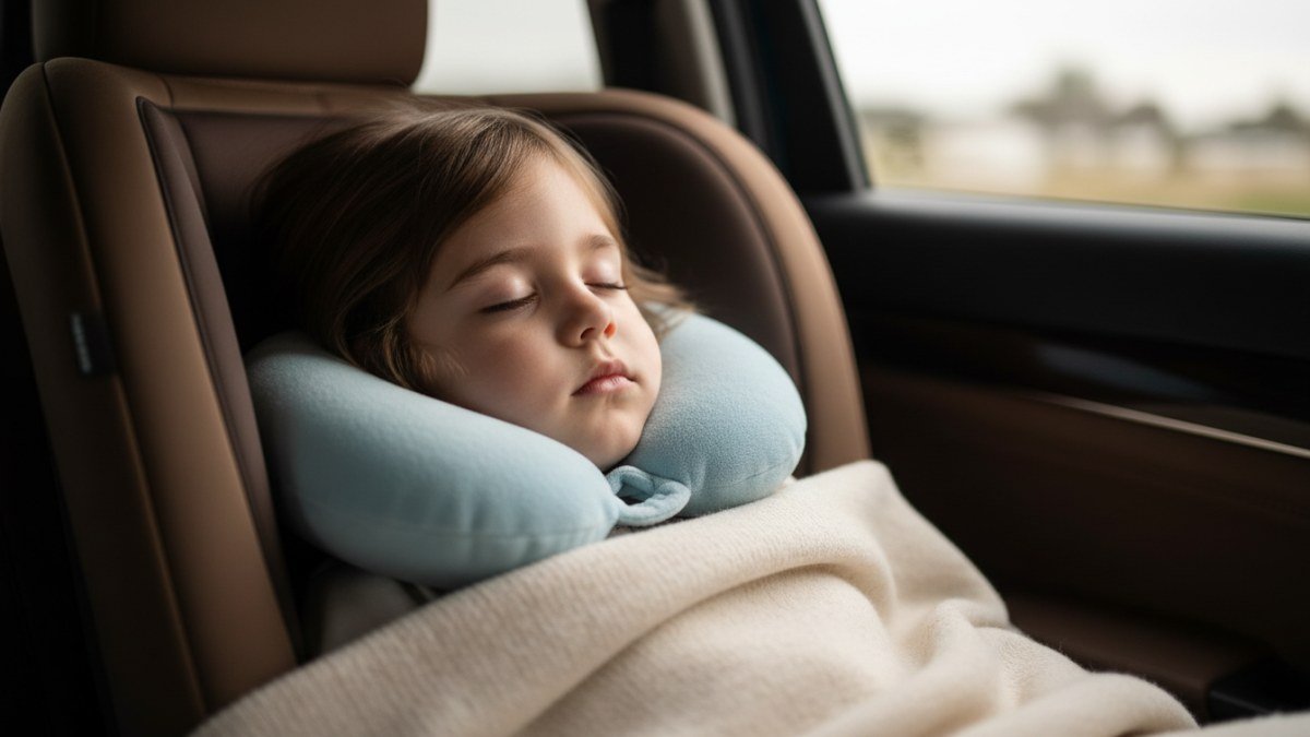 Crian&ccedil;a dormindo tranquilamente em cadeirinha de carro durante viagem, com travesseiro de pesco&ccedil;o e cobertor, ilustrando o conforto do sono em deslocamento.