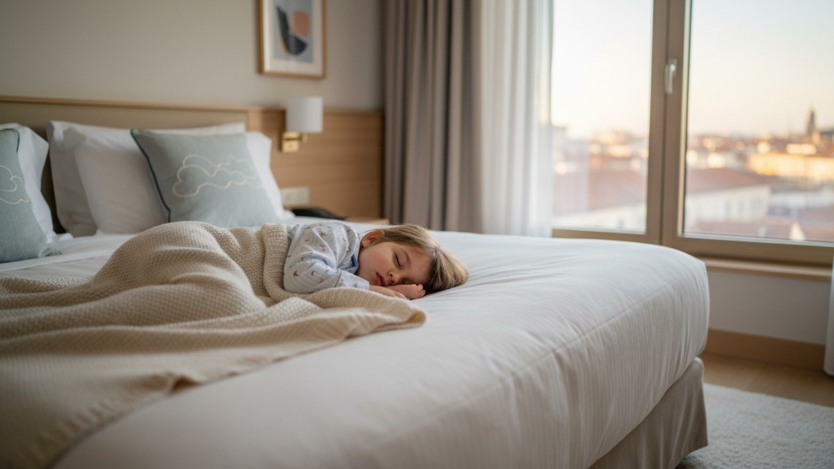 Crian&ccedil;a dormindo tranquilamente em uma cama de hotel, coberta por um cobertor macio, com luz natural entrando pela janela, simbolizando o sono reparador em viagens.
