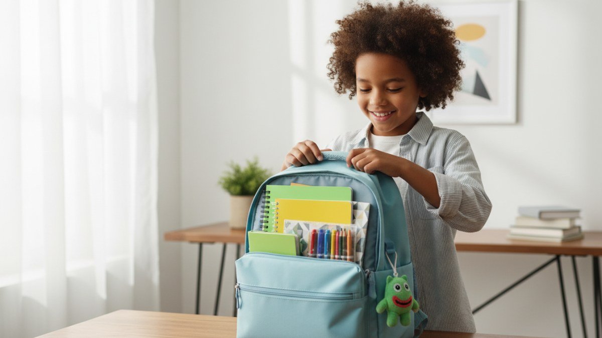 Crian&ccedil;a sorridente organizando sua mochila escolar, com livros e materiais coloridos em compartimentos vis&iacute;veis, simbolizando uma rotina leve e a autonomia infantil.
