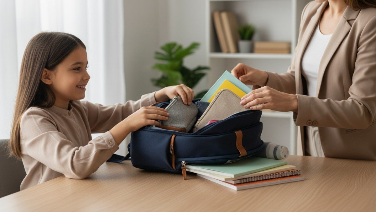 Crian&ccedil;a e adulto organizando uma mochila escolar em uma mesa, com materiais did&aacute;ticos arrumados em compartimentos, ilustrando a organiza&ccedil;&atilde;o eficiente e a autonomia infantil.